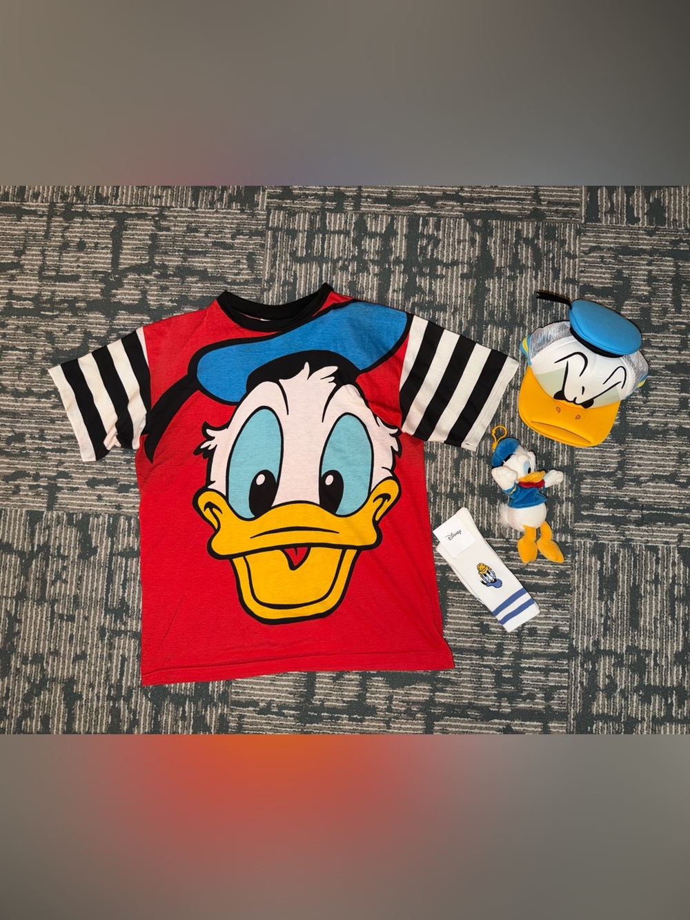 Disney Donald Duck Theme Park Bundle- shirt, socks, hat & bag charm keychain